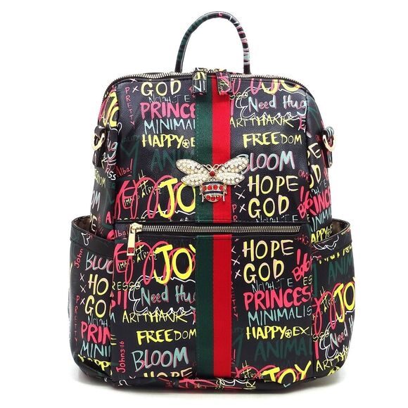 Women Bee Strip Black And GoldAccented Graffiti Fashion Multi Purpose Backpack